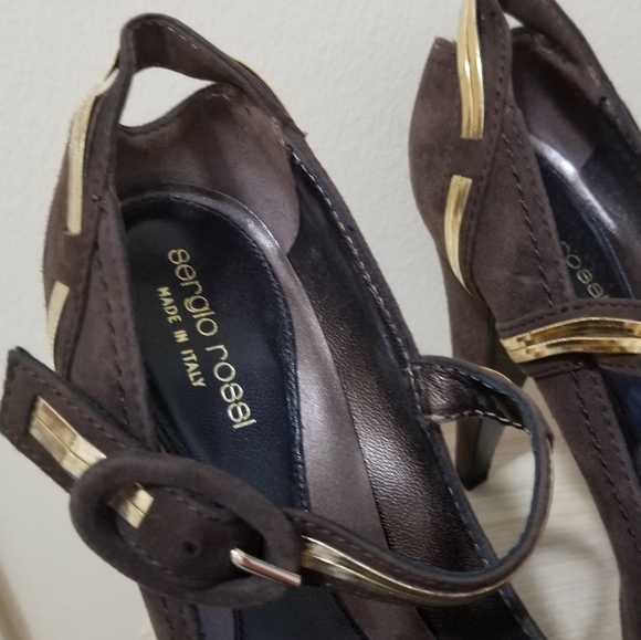 Sergio Rossi Brown Suede Platform Pump Gold Chain - Picture 7 of 10